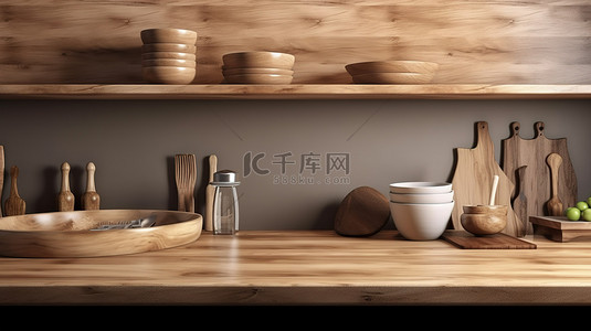 厨房背景，带有木板的 3D 渲染