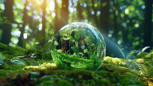 绿色森林背景图片_绿色森林反映在描绘地球 3D 渲染的水晶球中