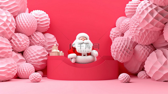 3D 渲染的圣诞节横幅，以粉红色背景为特色的圣诞老人