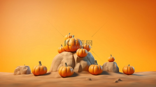 感恩节主题背景图片_南瓜搁在橙色背景下的岩石表面上，在 3D 渲染中引人注目地表现了万圣节和蔬菜主题