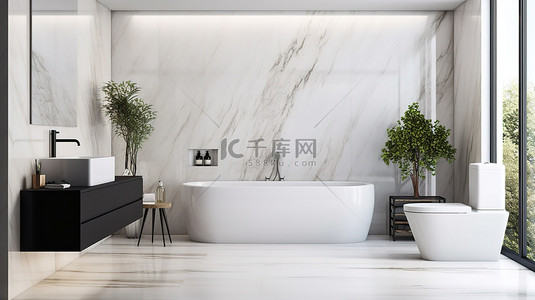 流线型浴室装饰，配有白色水槽马桶和 3D 大理石内饰