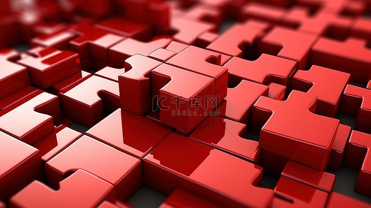 由各种形状和颜色的块组成的红色拼图的 3D 渲染特写镜头
