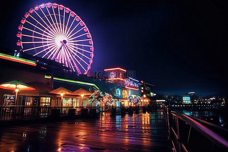 夜景背景图片_巨大的摩天轮和海滨夜店