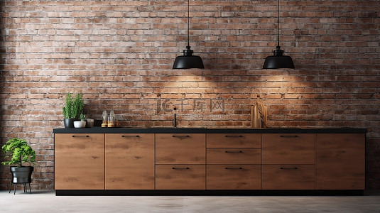 厨柜标志背景图片_现代木制厨柜靠砖墙 3d 渲染