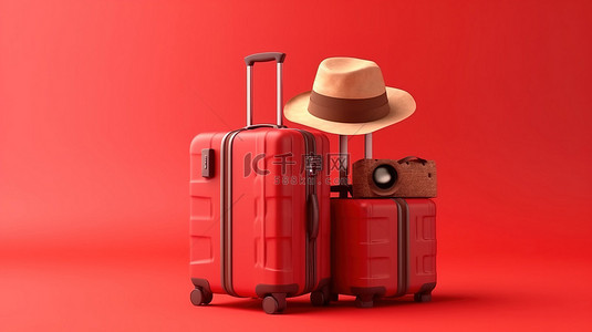 3D 渲染行李相机中的红色旅行必需品和带有复制空间的充满活力的背景上的帽子