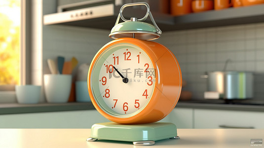 复古风格的厨房时钟，带有计时器，在 3D 白色背景上呈现