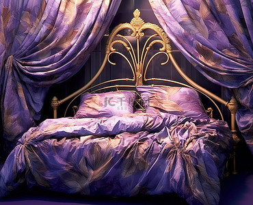 床是紫色的，有金色的天篷