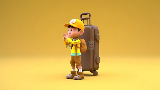 数字卡通旅行者带着黄色手提箱站立并检查 3D 渲染中的手机屏幕