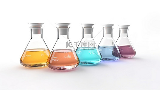 在实验室环境中，在白色背景下填充化学液体的透明烧瓶的 3D 渲染