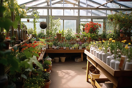芭蕉叶盆栽背景图片_一个有很多植物待售的温室