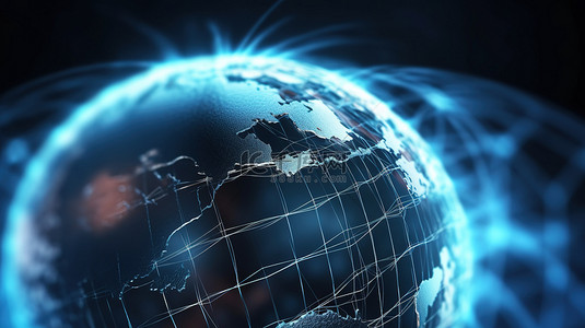 科技全球背景图片_具有全球线框连接的球体的 3D 网格插图