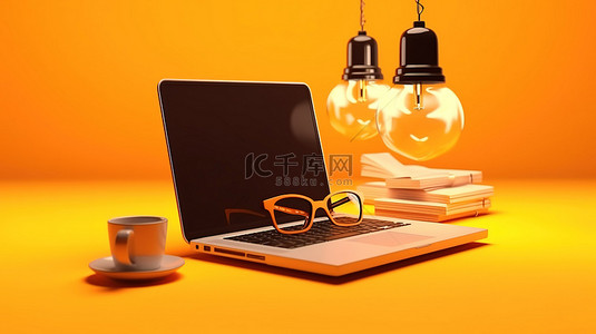 笔记本电脑悬挂在咖啡眼镜书写工具和橙色背景 3D 插图上的灯泡的混合体中