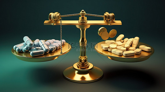 财务背景图片_带有胶囊药丸和硬币的天平秤的三维渲染，用于财务健康