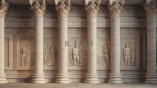 罗马建筑内部背景图片_3D 古建筑大理石墙拱廊插图用于背景横幅和海报
