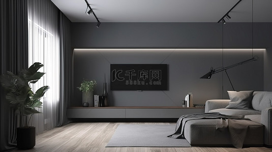 电视背景图片_灰色背景下的现代 3D 客厅配有时尚沙发和壁挂式电视