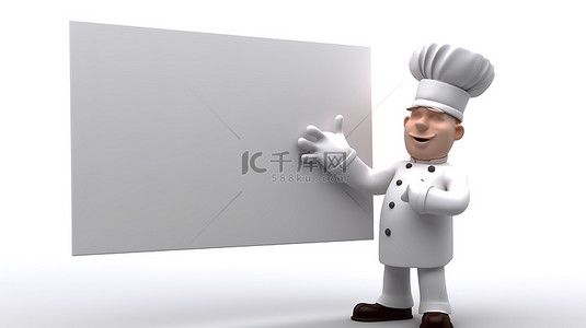 厨师卡通背景图片_菜单准备好 3d 厨师拿着空白板