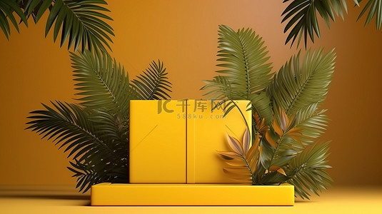 黄色主题背景图片_3D 渲染中带有黄色主题和棕榈叶的夏季共鸣箱讲台