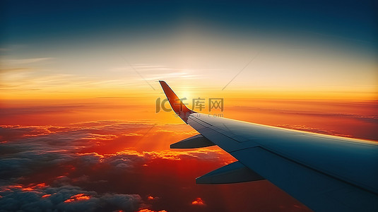 日落时太阳上空的飞机机翼