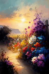 绚丽背景图片_小路鲜花绚丽的花朵阳光里的花园花卉油画背景