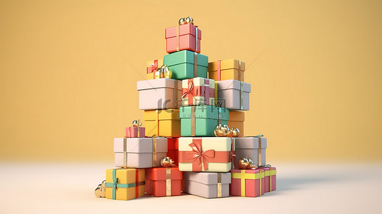 新年的边框背景图片_欢乐假期 3D 渲染精美的奶油色礼品盒，用于新年和圣诞节庆祝活动
