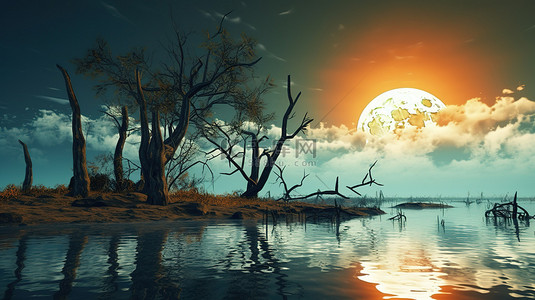 月光海背景图片_幽灵般的万圣节场景 3D 渲染，满月映在海中，映衬着阴云密布的天空，树上有一棵闹鬼的树