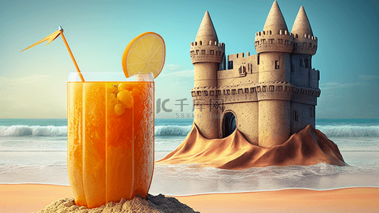 卡通果汁背景图片_夏日海边果汁城堡海浪背景