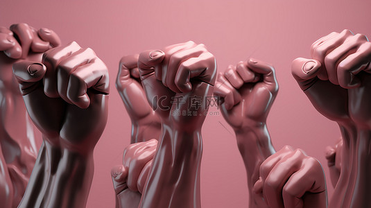 女性运动背景图片_通过举起的粉红色拳头的 3D 插图描绘女权运动