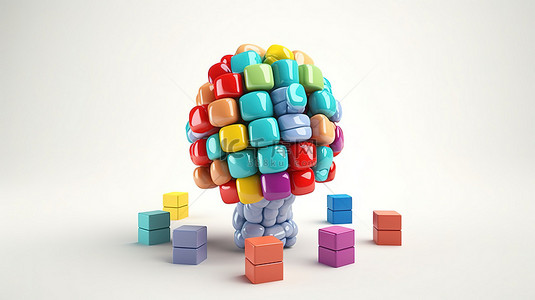 学习背景图片_围绕 3D 大脑吉祥物的彩色立方体