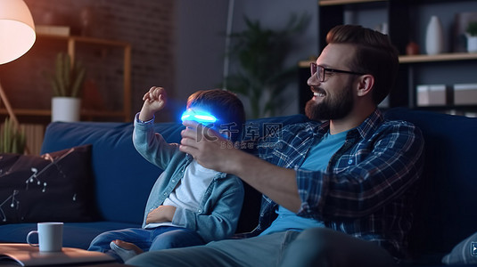 父亲和儿子通过观看 3D 电视建立联系 快乐的大胡子爸爸拿着遥控器，小儿子戴着可爱的眼镜