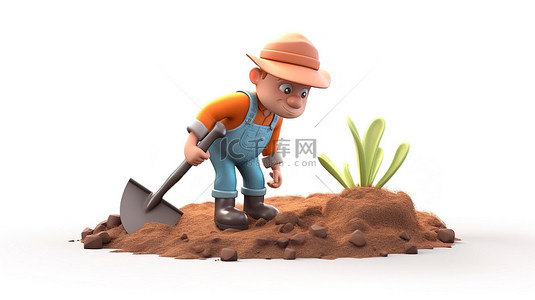 卡通微笑背景图片_穿着工作服照料土地的农民的 3D 插图