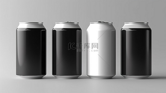3D 渲染黑白六包啤酒罐支架模型，带空白纸板包装