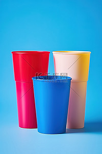 蓝色背景下堆叠在一起的 3 个彩色塑料杯