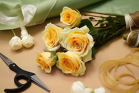 鲜花鲜花一束白玫瑰剪刀和其他工具