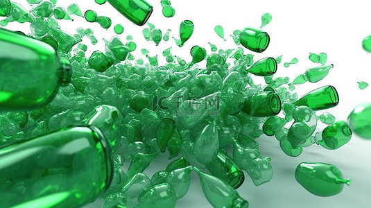 暖手背景图片_生态友好的 3D 插图白色背景上层叠的绿色塑料瓶促进回收和行星保护