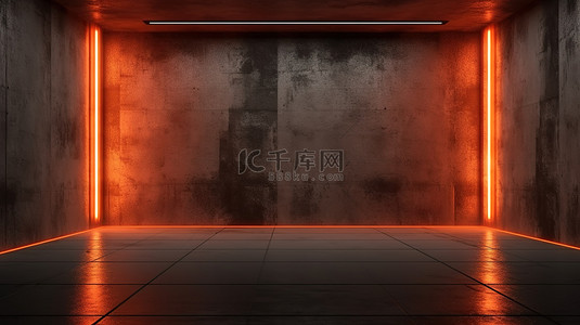 坚韧的混凝土空间与充满活力的橙色霓虹灯 3D 渲染