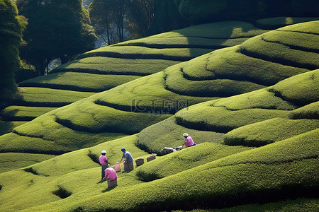 茶城背景图片_人们走过绿茶灌木种植园