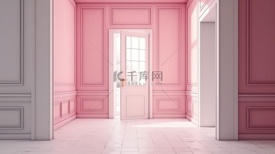 3D 渲染中创意最小的室内理念粉色开门入口