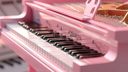 粉色钢琴的特写，上面有键盘和音符