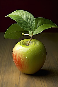 一个苹果，上面有一片绿叶