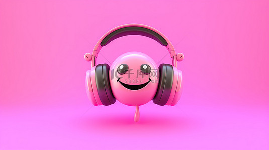 戴着表情符号的耳机在粉红色背景上随着音乐的 3D 渲染