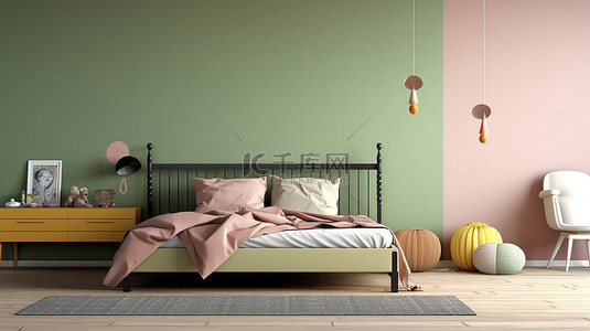 宽敞的儿童卧室的 3D 渲染，配有令人惊叹的粉红色床和悬挂在头顶上的海豚，装饰着开心果色的墙壁