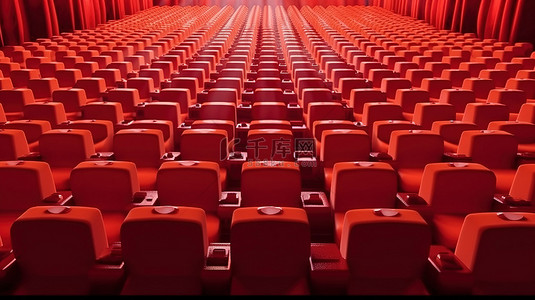 卡通剧院中一排排相同的 3D 渲染软红色椅子的美学电影院座位