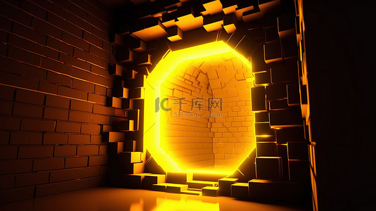 抽象 3D 渲染背景明亮的黄色霓虹灯从墙壁开口辐射