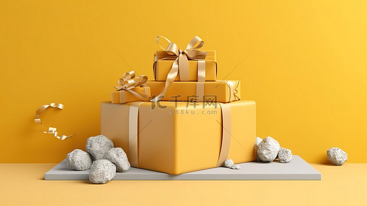 黄色主题背景图片_一个简单的石质讲台的 3D 渲染，其黄色主题装饰着飘落的丝带背景和礼品盒