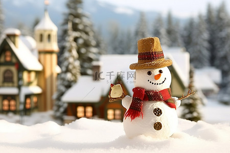 冬季背景图片_雪人后面显示了一个冬季村庄