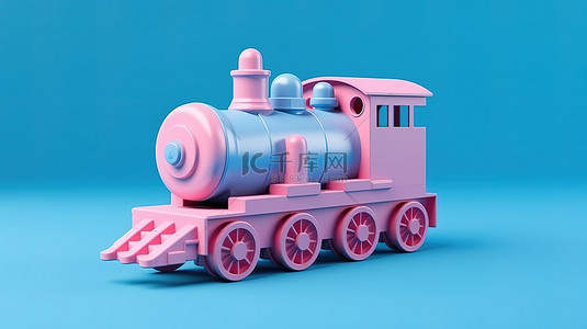 蓝色背景 3D 渲染的儿童粉色塑料火车玩具模型
