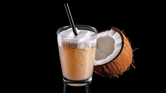 黑色背景上椰子汁和新鲜椰子的 3d 渲染