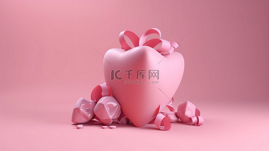 模拟和网页横幅卡通干净的背景，具有 3D 渲染的粉红色心形礼物图标