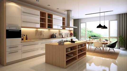 现代厨房室内设计中厨柜和客厅家具的 3D 渲染