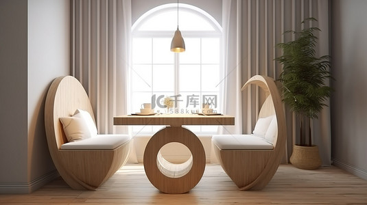 圆形桌子背景图片_在 3d 渲染中带有两个软垫座椅和圆形窗口的桌子